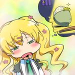  bars blonde_hair blush chibi chopsticks cordelia_glauca flower food hair_flower hair_ornament hairu long_hair lowres moon prison_cell rice saliva solo sparkle takuan tantei_opera_milky_holmes 