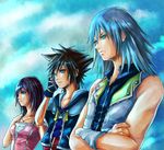  2boys bad_id bad_pixiv_id blue_eyes brown_hair fingerless_gloves gloves green_eyes hirao_(hiered) jewelry kairi_(kingdom_hearts) kingdom_hearts long_hair multiple_boys necklace red_hair riku silver_hair sora_(kingdom_hearts) 