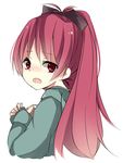  bad_id bad_pixiv_id highres looking_back mahou_shoujo_madoka_magica meet_neet open_mouth ponytail red_eyes red_hair sakura_kyouko simple_background solo tears upper_body 