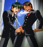  2boys black_jacket blue_sky blush brown_hair club_z cum curtains dark-skinned_male ejaculation gakuran green_eyes green_hair handjob jacket male male_focus matching_hair/eyes multiple_boys open_fly penis red_shirt school school_uniform schoolboy shirt sky standing student uniform unzipped window yaoi 