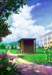  amagami building cloud corrugated_galvanised_iron_sheet day extra flower grass haitaka holding_hands long_hair school_uniform shed skirt sky socks sunflower tree 