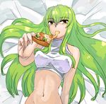  bottomless c.c. code_geass eating food green_hair holding_pizza long_hair pizza slice_of_pizza solo wtuw yellow_eyes 