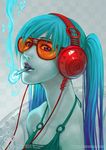  aqua_hair cigarette hatsune_miku headphones lips long_hair musical_note qinni smoke smoking solo sunglasses twintails upper_body vocaloid 