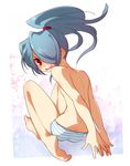  1boy ass blue_hair blush boy hair_over_one_eye inazuma_eleven inazuma_eleven_(series) kazemaru_ichirouta long_hair looking_back male male_focus open_mouth panties ponytail red_eyes solo striped striped_panties topless trap underwear 