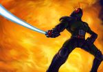  antennae energy_sword explosion highres kamen_rider kamen_rider_black_rx kamen_rider_black_rx_(series) male_focus pose revolcane ryuusei_(mark_ii) solo sword weapon 