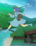  architecture backpack bag bird blue_eyes blue_hair blue_sky boots bridge day east_asian_architecture fishing_rod hat highres kawashiro_nitori kuro_oolong landscape mountain profile river running scenery short_hair sky solo touhou tree two_side_up 