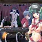  black_hair breasts controller conveyor_belt curtain_grab curtains eating eel flat_chest food_stand gauge glowing green_hair hat hazard_stripes highres houraisan_kaguya ibuki_suika kawashiro_nitori large_breasts long_hair mechanical_arm multiple_girls naked_ribbon navel nipples noren nude oven pushbutton remote_control ribbon silver_hair touhou two_side_up wancozow yagokoro_eirin yatai 