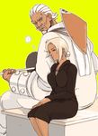  1boy 1girl ? a_(naruto) a_(yondaime) dark_skin g_yossy green_yossy mabui_(naruto) naruto naruto_shippuuden pixiv_thumbnail raikage resized simple_background size_difference white_hair ä“ 