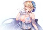  absurdres artoria_pendragon_(all) artoria_pendragon_(lancer_alter) babydoll bangs bare_shoulders blonde_hair blue_flower blue_ribbon blue_rose breasts choker cleavage collarbone commentary_request eyebrows_visible_through_hair fate/grand_order fate_(series) flower garter_belt gloves hair_between_eyes hair_flower hair_ornament hair_ribbon highres hirasawa_seiji jewelry large_breasts lingerie long_hair looking_at_viewer navel necklace parted_lips ribbon rose royal_icing see-through simple_background solo underwear upper_body white_background white_gloves yellow_eyes 