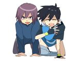  2boys black_hair fingerless_gloves gloves male male_focus multiple_boys pokemon pokemon_(anime) purple_hair satoshi_(pokemon) shinji_(pokemon) shonen_ai smile yaoi 