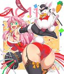  2011 animal_ears aqua_eyes ass bare_shoulders bent_over bow breasts bunny bunny_ears bunny_tail bunnysuit garter_straps lace lace-trimmed_thighhighs large_breasts long_hair looking_back nekoguchi new_year open_mouth original pink_hair sideboob smile solo tail thighhighs 