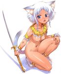  animal_ears anklet armlet blade blue_eyes bracelet breasts cat_ears jewelry koume_keito lowres necklace nipples nude one_knee open_mouth original short_hair simple_background small_breasts solo tail white_hair 