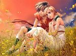  black_hair brown_hair couple dress grass green_eyes happy hug kanzaki_hitomi pants red_eyes shoes short_hair sitting smile sunset tenkuu_no_escaflowne van_fanel 