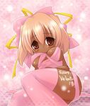  &lt;3 ass blonde_hair blush bow breasts brown_hair dark_skin english female gradient gradient_background hair_bow heart lying original pink_legwear pink_thighhighs ribbon short_hair smile solo thighhighs twintails valentine 