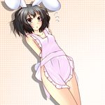  animal_ears apron arms_behind_back bad_id bad_pixiv_id bare_shoulders black_hair blush breasts brown_eyes bunny_ears bunny_tail cleavage grey_hair inaba_tewi mizuki_yae naked_apron red_eyes short_hair simple_background small_breasts solo standing tail touhou 