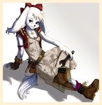  animal_ears boots bow breasts claw_hammer crossed_legs dirty_clothes dog_ears dress eyelashes fay_spaniel fingerless_gloves full_body furry gloves hair_bow hammer jewelry loose_socks mechanic necklace ninanai purple_eyes red_bow single_glove sitting small_breasts smile snout socks solo star star_fox star_necklace tool_belt tools vest white_hair wrench 