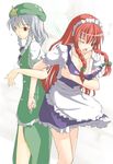  :3 ;o blue_eyes braid cosplay costume_switch highres hong_meiling hong_meiling_(cosplay) izayoi_sakuya izayoi_sakuya_(cosplay) long_hair maid maid_headdress multiple_girls one_eye_closed red_eyes red_hair rindou_(faker's_manual) short_hair side_slit silver_hair touhou twin_braids 