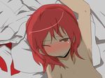  armpits bed blush copyright_request face flat_chest henoeno lying necktie nude on_back one_eye_closed red_hair solo sweat undressing upper_body 