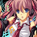  :o beamed_eighth_notes blue_eyes bow brown_hair cosplay detached_sleeves eighth_note enoo hatsune_miku hatsune_miku_(cosplay) headphones long_hair lowres musical_note necktie oekaki raquel_applegate red_neckwear ribbon solo twintails two_side_up vocaloid wild_arms wild_arms_4 