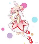  absurdres bad_id bad_pixiv_id bow choker dress full_body gloves hair_ribbon highres jewelry kaname_madoka kneehighs magical_girl mahou_shoujo_madoka_magica patychanbr pink_bow pink_hair puffy_sleeves red_choker red_eyes ribbon shoes short_hair short_twintails simple_background smile solo twintails 