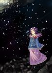  blouse blue_blouse capelet frills hairband heart komeiji_satori night pink_skirt purple_hair red_eyes scarf short_hair skirt snow snowing solo third_eye touhou white-aster wind 