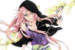  blue_eyes bracelet camisole hood hoodie jewelry kyou_zip long_hair megurine_luka microphone microphone_stand nail_polish necklace paint_splatter pink_hair solo spiked_bracelet spikes torn_clothes vocaloid 