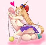  &lt;3 artist_request ass balls bare_shoulders blonde_hair blush bow breasts chain chains cuffs from_behind futanari hair_bow hair_ribbon handcuffs heart horns huge_balls huge_penis huge_testicles ibuki_suika long_hair mugen_no_kanata open_mouth orange_hair penis ponytail precum ribbon saliva smile solo tank_top testicles touhou uncensored wristband yellow_eyes 