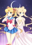  back_bow bad_id bad_pixiv_id bangs bare_shoulders bishoujo_senshi_sailor_moon blonde_hair blue_eyes blue_sailor_collar blue_skirt boots bow brooch choker crescent_moon double_bun dress dual_persona elbow_gloves facial_mark forehead_mark gloves gown hair_ornament hairpin hands_clasped jewelry long_dress long_hair magical_girl moon moorina multiple_girls navel night night_sky own_hands_together parted_bangs pleated_skirt princess princess_serenity red_choker ribbon sailor_collar sailor_moon sailor_senshi_uniform skirt sky star_(sky) starry_moon strapless strapless_dress tiara tsukino_usagi twintails white_gloves 