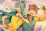  blue_hair brown_hair closed_eyes clothes_writing cloud dutch_angle endou_mamoru gloves goalkeeper hair_over_one_eye headband inazuma_eleven inazuma_eleven_(series) jacket kazemaru_ichirouta long_hair male_focus multiple_boys open_mouth ponytail raimon raimon_soccer_uniform sky soccer_uniform sportswear v yuhazu_(rhe-rhe) 