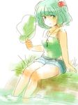  camisole hair_bobbles hair_ornament hat hat_removed headwear_removed kawashiro_nitori key meeko shorts sitting sketch soaking_feet solo touhou two_side_up water 