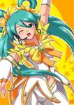  bow bracelet brooch flower gloves green_eyes green_hair hair_flower hair_ornament hair_rings happy hatsune_miku headphones idol jewelry long_hair music navel oborogumo_takamitsu one_eye_closed outstretched_arm pants project_diva project_diva_(series) ribbon singing solo twintails vocaloid 