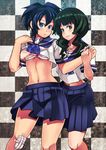  bad_id bad_pixiv_id bandages bandaid black_hair black_rock_shooter blue_eyes blue_hair blush bow bow_bra bra breast_grab breasts cov-r grabbing green_eyes kuroi_mato lingerie midriff multiple_girls navel school_uniform serafuku shirt_lift short_hair skirt small_breasts smile takanashi_yomi underwear white_bra yuri 