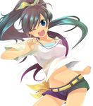  belt black_hair blue_eyes casual ganaha_hibiki idolmaster idolmaster_(classic) jewelry kashiwagi_kano long_hair midriff navel necklace one_eye_closed ponytail short_shorts shorts smile solo 