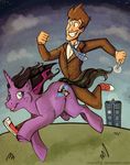  blue_eyes brown_hair david_tennant doctor_who equine grass hair horn horns horse human male mammal my_little_pony necktie pony reaperfox running sonic_screwdriver tardis two_tone_hair 