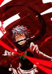  bad_id bad_pixiv_id blood blood_splatter bloody_clothes grin highres izayoi_sakuya knife maid mouth_hold myama red_eyes red_scarf scarf smile solo touhou 