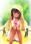  black_hair blush brown_eyes casual_one-piece_swimsuit k-on! nakano_azusa one-piece_swimsuit pink_swimsuit solo swimsuit tan tanline tears towel twintails un4lord 