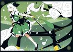  absurdres bandages black_hairband blue_eyes border cloud ghost hairband highres hitodama ideolo katana konpaku_youmu konpaku_youmu_(ghost) mary_janes scabbard scan sheath shoes short_hair skirt solo sword tassel touhou vest weapon white_hair 