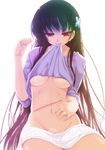 akahito bad_id bad_pixiv_id black_hair bottomless breasts flower groin hair_flower hair_ornament hand_on_own_stomach holding_needle hydrangea light light_smile long_hair medium_breasts midriff mouth_hold navel needle no_bra no_panties red_eyes sanka_rea sankarea scar shirt_lift simple_background solo stitches stitching thread towel underboob 