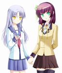  angel_beats! bad_id bad_pixiv_id black_legwear bow cosplay costume_switch green_eyes hair_bow holding_hands long_hair multiple_girls purple_hair school_uniform serafuku silver_hair skirt sun_trial tenshi_(angel_beats!) thighhighs yellow_eyes yuri_(angel_beats!) 