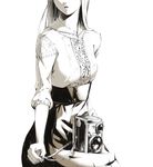  breasts camera fashion floral_print greyscale hands head_out_of_frame large_breasts long_hair monochrome open_mouth original skirt solo sousou_(sousouworks) twin-lens_reflex_camera 