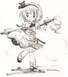  1girl :&gt; bloomers chibi flower ghost greyscale hairband hitodama karaagetarou katana konpaku_youmu konpaku_youmu_(ghost) mary_janes monochrome scabbard sheath shoes short_hair smile solo sword tassel touhou underwear vest weapon 