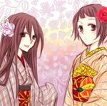  blush flower hair_flower hair_ornament japanese_clothes kimono komori_kiri multiple_girls sayonara_zetsubou_sensei tsuki_(midori) tsunetsuki_matoi 