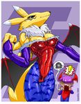  ! breasts camel_toe canine chest_tuft cosplay couple darkstalkers deflated digimon erect_nipples female form_fitting fox gloves kandlin leather lilith_aensland pictographics pose renamon speech_balloon thigh_gap tights wide_hips wings 