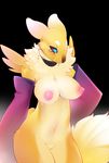  arm_gloves breasts canine collar digimon elbow_gloves face_markings facial_markings female fox fur gloves looking_at_viewer mammal markings nipples purple_eyes renamon solo tail tsampikos yellow yellow_fur 