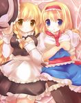  alice_margatroid bad_id bad_pixiv_id black_legwear blonde_hair blue_eyes braid capelet hairband hat hat_removed headwear_removed highres kirisame_marisa long_hair mikurun multiple_girls short_hair thighhighs touhou yellow_eyes 