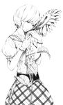  adapted_costume ascot blouse breasts flower frills gloves greyscale head_tilt hug kazami_yuuka medium_breasts monochrome plaid plaid_skirt puffy_sleeves realistic short_hair short_sleeves skirt smile solo sousou_(sousouworks) sunflower touhou 