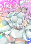  adjusting_eyewear belt chuuta_(+14) earrings glasses grey_panties heart highres jewelry long_hair macross macross_frontier panties purple_hair sheryl_nome smile solo thighhighs underwear 