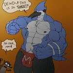  anthro avian beak biceps big_muscles bird black_nipples blue_body brown_fur bulge chest_tuft clothing feathers flexing fur grin huge_muscles kyuuhari male mammal mordecai muscles nipples open_mouth pants pecs pose raccoon regular_show rigby smile solo standing tan_fur teeth thong tongue topless tuft underwear white_body 