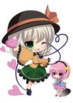  blush chibi green_eyes green_hair hairband hat heart heart_of_string kayama_benio komeiji_koishi komeiji_satori minigirl multiple_girls pink_hair purple_eyes purple_hair short_hair siblings sisters size_difference smile third_eye touhou 