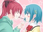  bad_id bad_pixiv_id blue_eyes blue_hair blush eye_contact finger_to_chin fingers food hachiya_mei hand_on_another's_face long_hair looking_at_another mahou_shoujo_madoka_magica miki_sayaka mitakihara_school_uniform multiple_girls pink_background pocky ponytail red_eyes red_hair sakura_kyouko school_uniform short_hair star tears 